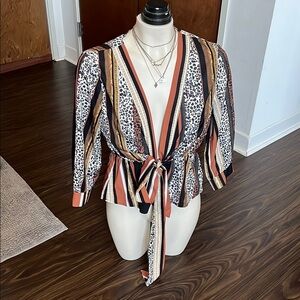 SHEIN White and Brown Tie Front Wrap Blouse
